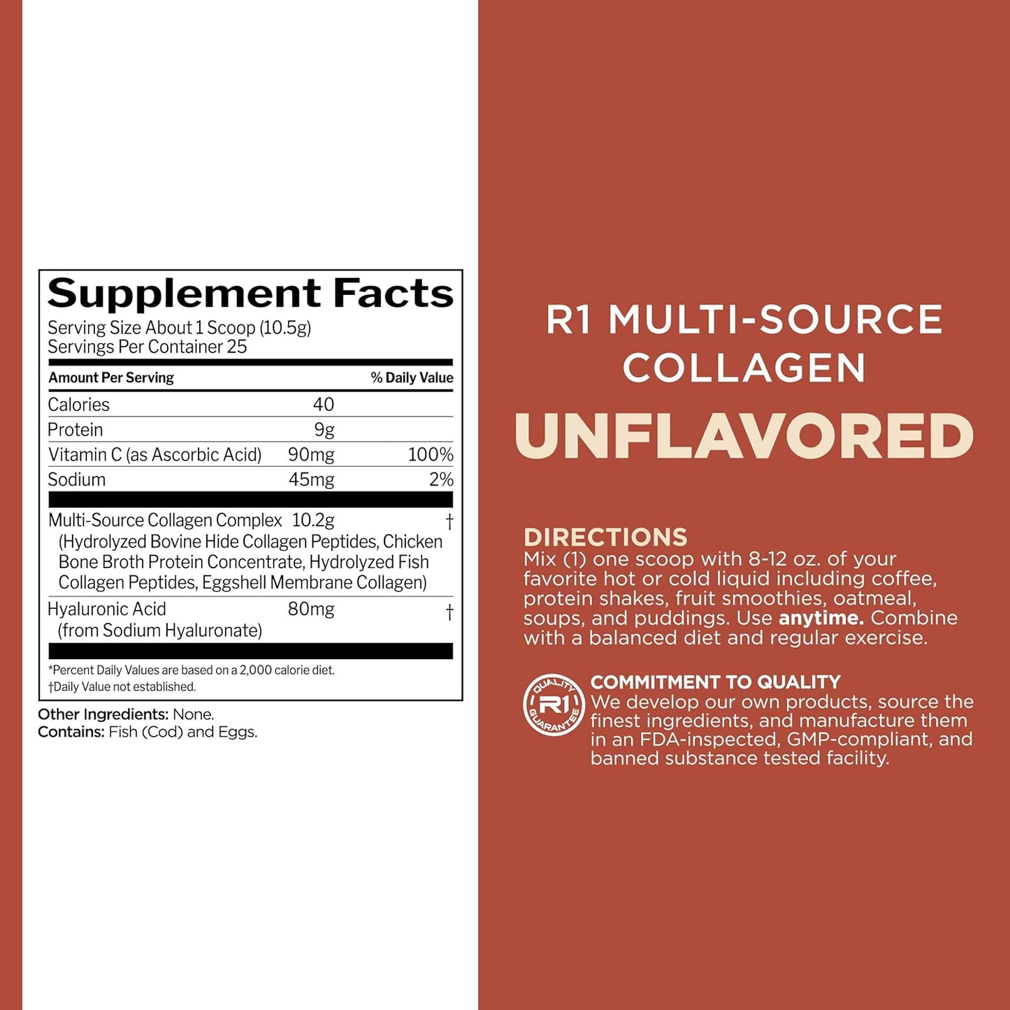 Rule 1 Multi-Source Collagen Powder - Bovine, Chicken, Fish & Eggshell Collagen Sources + Hyaluronic Acid & Vitamin C for Hair, Skin, Nail, Joint, Connective Tissue Support (25 Servings, Unflavored)