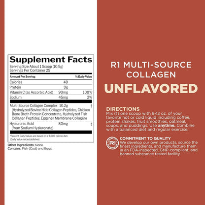 Rule 1 Multi-Source Collagen Powder - Bovine, Chicken, Fish & Eggshell Collagen Sources + Hyaluronic Acid & Vitamin C for Hair, Skin, Nail, Joint, Connective Tissue Support (25 Servings, Unflavored)