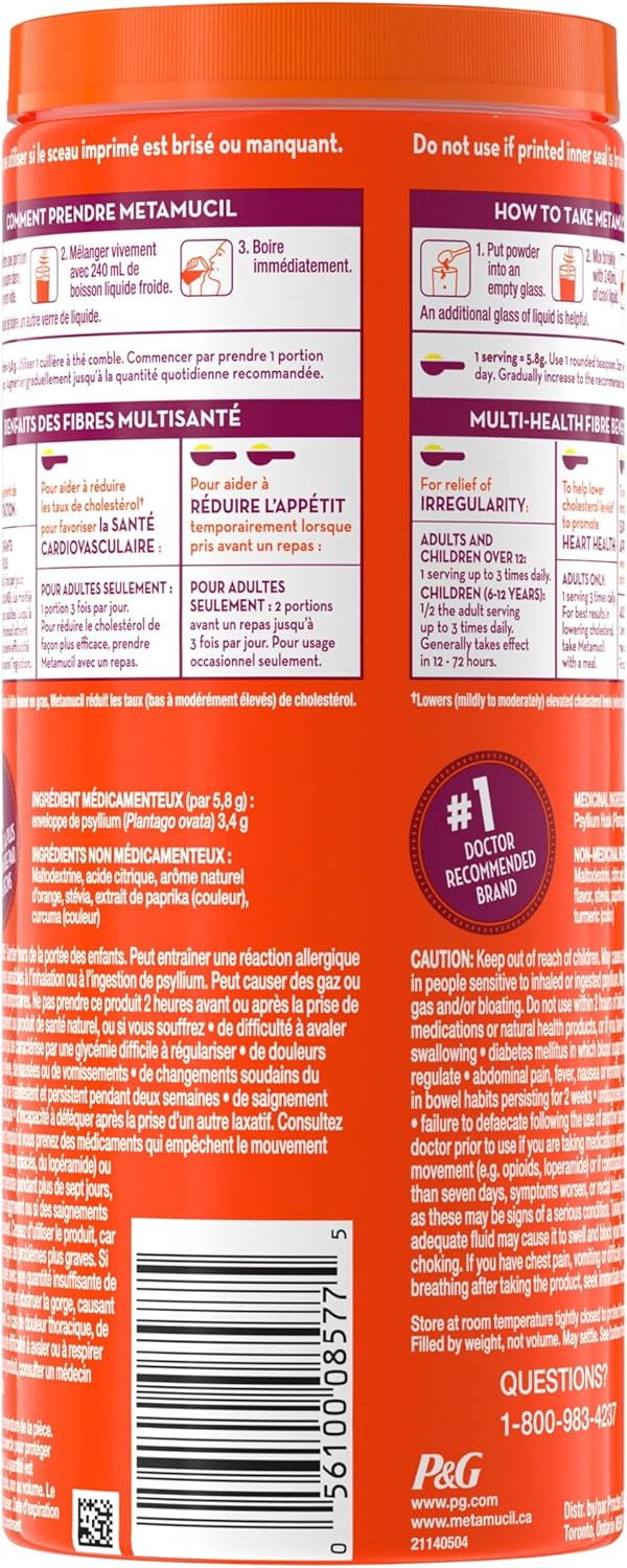 Metamucil 优质混合物，四合一每日膳食纤维，促进消化健康，植物基车前子壳粉补充剂，无糖，含甜菊糖，橙味，72 份