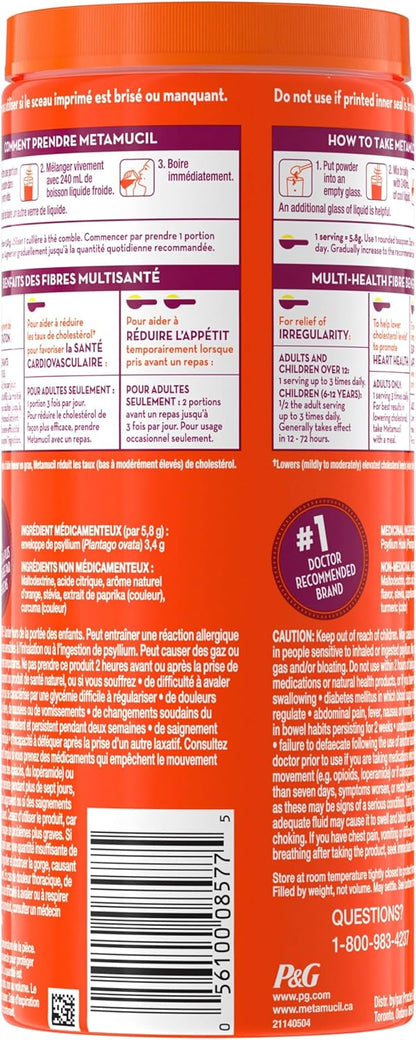 Metamucil 优质混合物，四合一每日膳食纤维，促进消化健康，植物基车前子壳粉补充剂，无糖，含甜菊糖，橙味，72 份