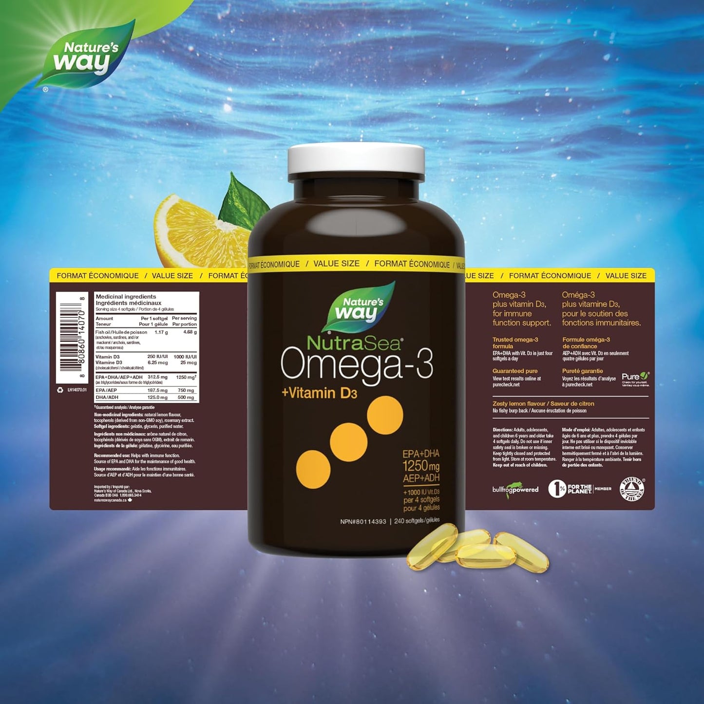 Nature's Way NutraSea Omega 3 + 維生素 D 軟膠囊，含魚油補充劑 - 檸檬味 - 為成人和 6 歲以上兒童提供心臟、大腦、骨骼和免疫支持 - EPA 和 DHA + 1000IU D3，240 粒軟膠囊