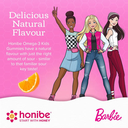 Honibe 芭比娃娃 Omega 3 軟糖，適合兒童和成人，加拿大製造，脂肪酸支持大腦健康，Omega-3 EPA 和 DHA 的可靠來源，可持續來源的魚油，無魚腥味，60 粒軟糖
