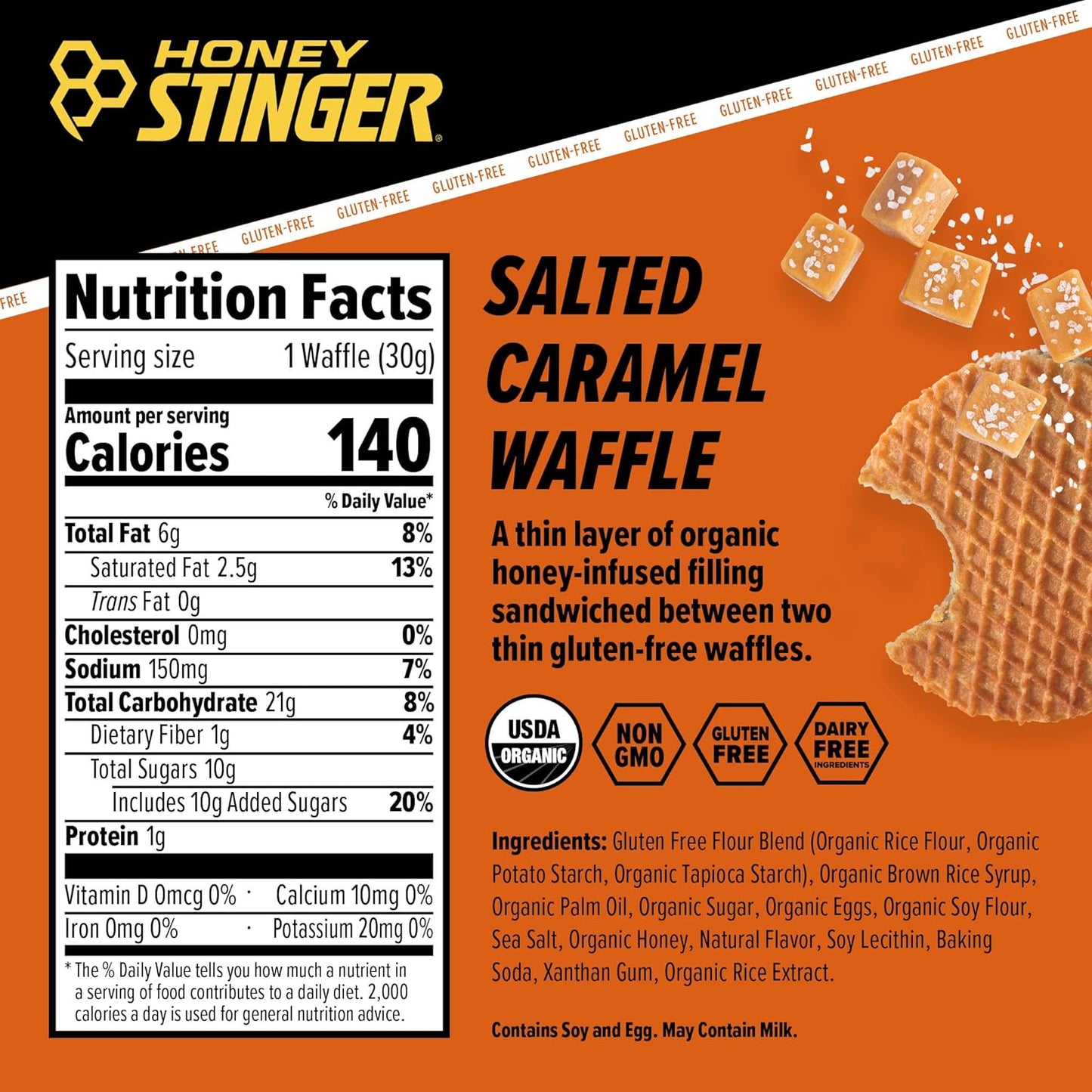 Honey Stinger Organic Gluten-Free Salted Caramel Waffle | Energy Stroopwafel for Exercise, Endurance and Performance | Sports Nutrition for Home & Gym, Pre & Post Workout | 12 Waffles, 30g