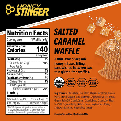 Honey Stinger Organic Gluten-Free Salted Caramel Waffle | Energy Stroopwafel for Exercise, Endurance and Performance | Sports Nutrition for Home & Gym, Pre & Post Workout | 12 Waffles, 30g