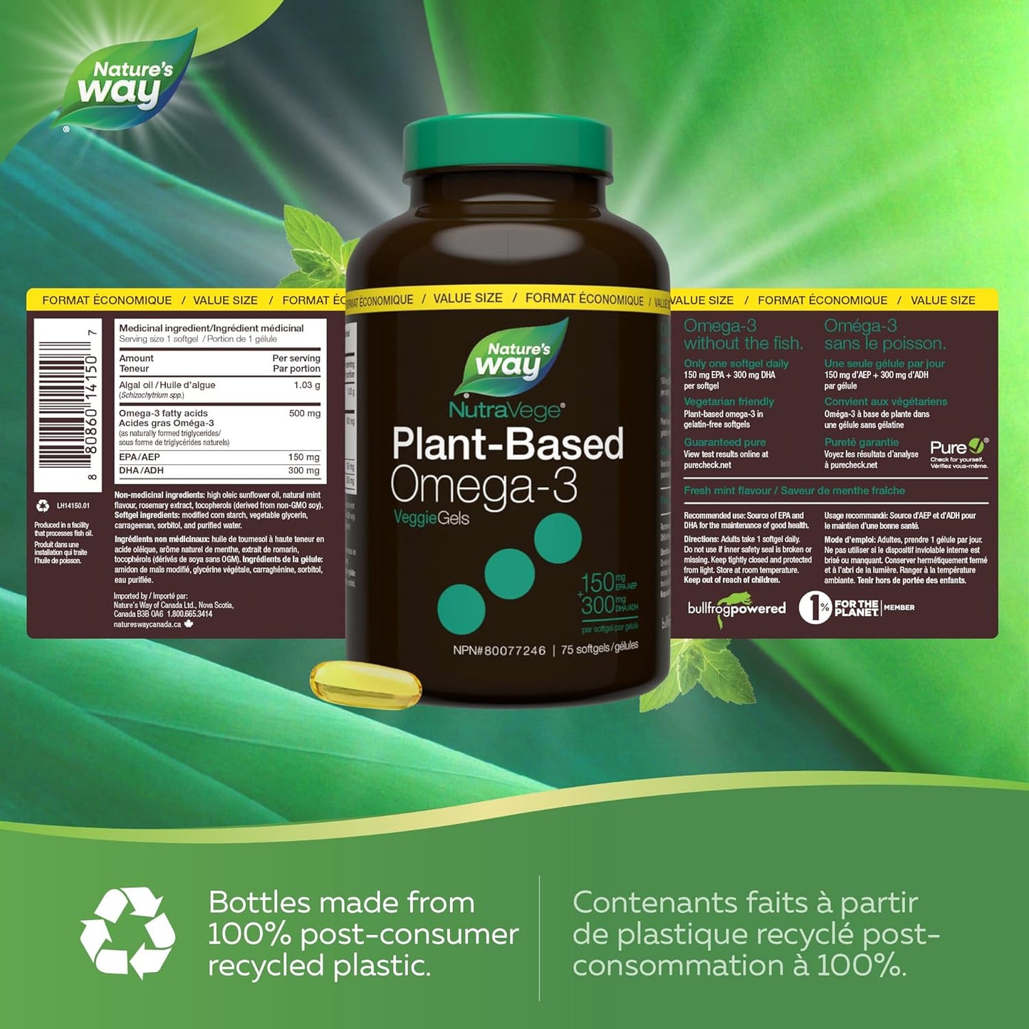 Nature's Way NutraVege 植物基 Omega-3 素食胶囊 – 适合素食主义者的 Omega-3 补充剂，含 300 毫克 DHA + 150 毫克 EPA – 清新薄荷口味 – 支持成人心脏、眼睛和大脑功能，75 粒超值装