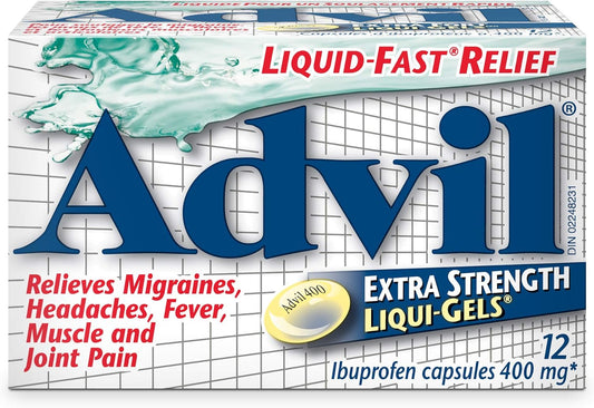 Advil Extra Strength Ibuprofen Pain Relief Liquid-Gels, Fast Acting Pain Relief for Migraine, Back, Neck, Joint, and Muscle Relief, 400mg (12 Count)