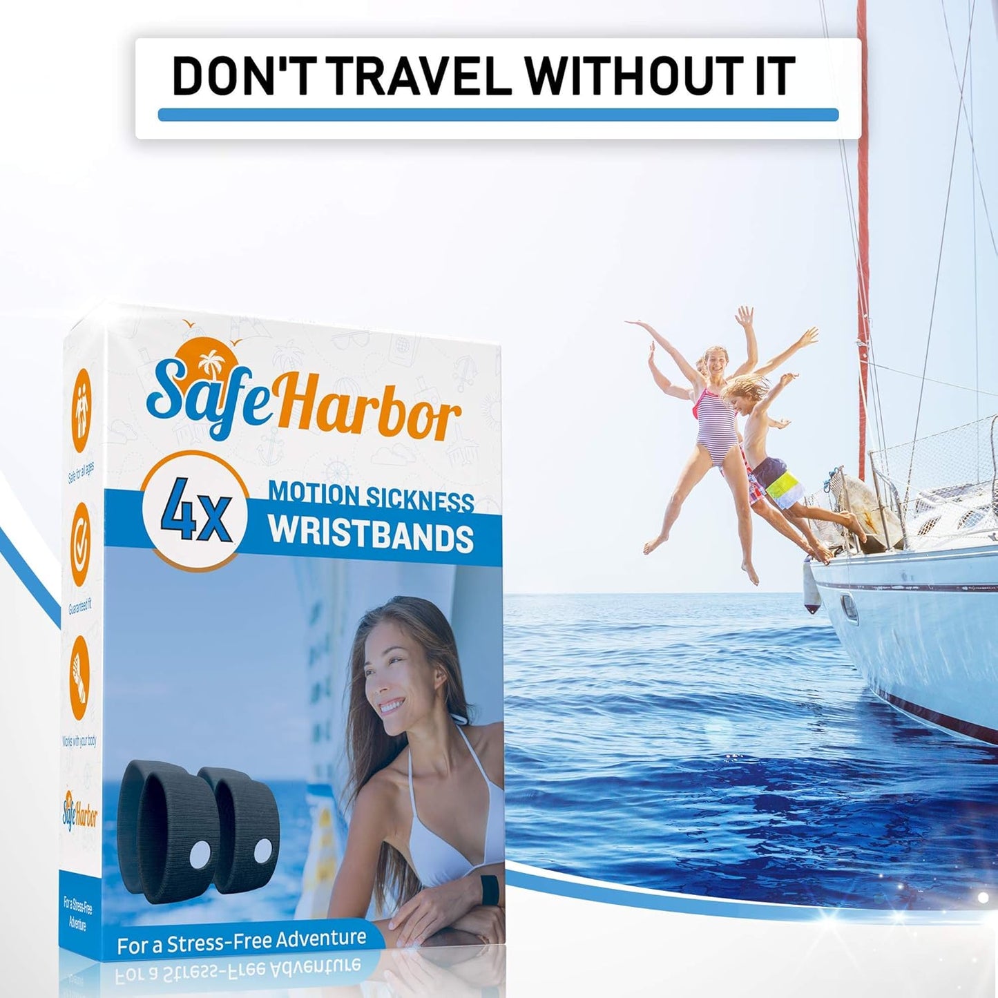 SafeHarbor Motion Sickness Wristbands | 4 Travel Wrist Bands, Cruise Essentials | Natural Sea Sickness and Nausea Relief in Children and Adults | Helpful E-Book Included