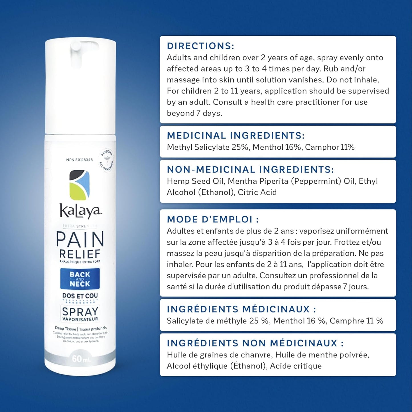 KaLaya 新款背部和颈部肌肉清凉止痛喷雾 - 强效局部镇痛剂，可即时和持久缓解疼痛