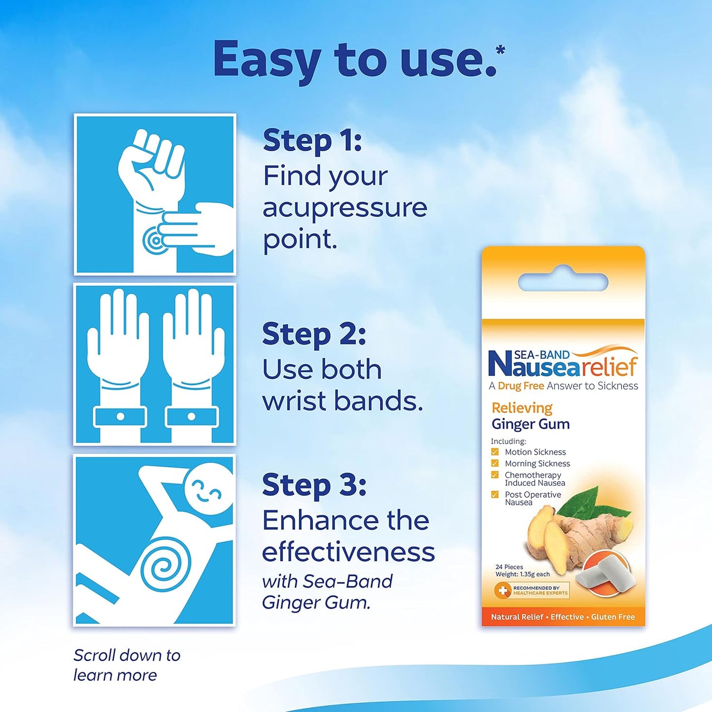 Sea-Band Anti-Nausea Acupressure Wristband for Motion or Morning Sickness, Adult, 1 Pair (Color May Vary)