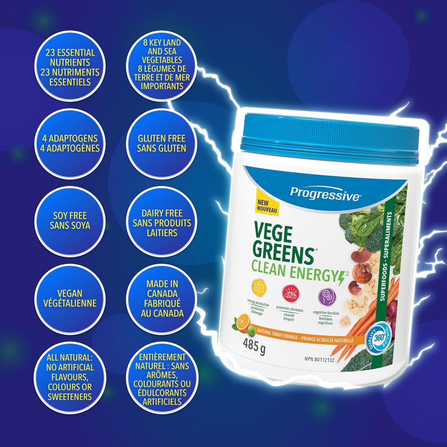 Progressive VegeGreens 清洁能源天然浓郁橙味 485 克 | 促进能量生产，提高警觉性和认知功能