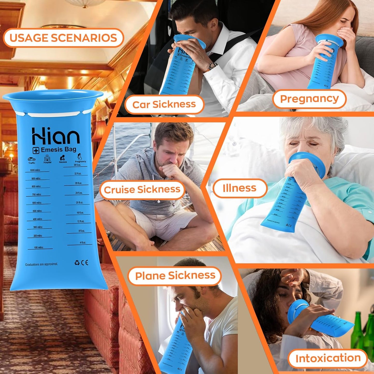 Hion 一次性嘔吐袋 - 200 包 1000 毫升嘔吐袋 - 防漏，醫用級，便攜 - 非常適合暈車、暈機、孕婦