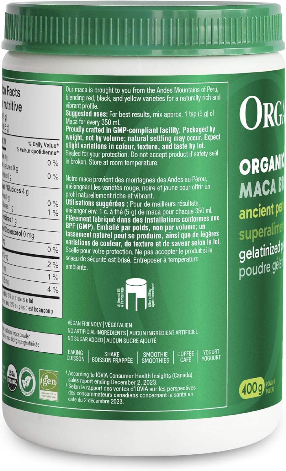 Organika 玛卡认证有机粉 - 糊化以提高生物利用度、平衡荷尔蒙、适应原，有助于缓解压力和补充能量 - 400 克