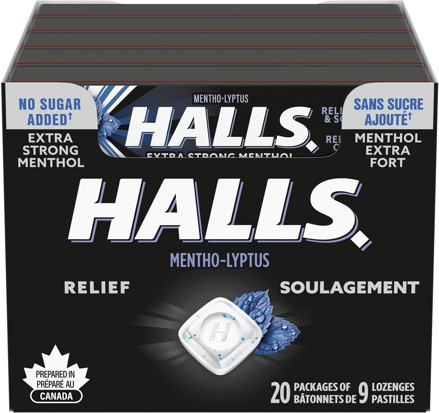 HALLS 无糖特强止咳糖浆，20 包，每包 9 粒，润喉糖，缓解咽喉痛，缓解咳嗽，薄荷醇，加拿大制造