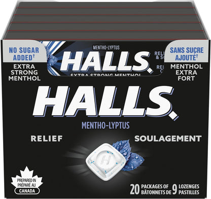 HALLS 无糖特强止咳糖浆，20 包，每包 9 粒，润喉糖，缓解咽喉痛，缓解咳嗽，薄荷醇，加拿大制造