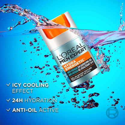 L'Oréal Paris Men Expert Anti-Fatigue 24H Moisturising Gel, Anti Shine & Oil Control Daily Moisturizer for Men, Hydra Energetic, 50ml