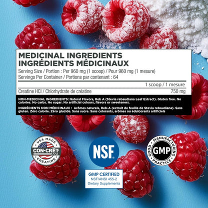 CON-CRET 肌酸盐酸盐粉 | 肌肉、认知、细胞能量支持 | 无腹胀或痉挛 | 力量和耐力 | 覆盆子（64 份）