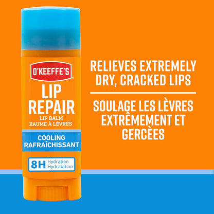 O'Keeffe's Lip Repair Balm, Cooling Relief, Instant Cooling for Dry Cracked Lips, 7 Moisturizing Ingredients, Stick, Pack of 2