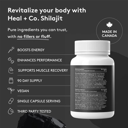 HEAL + CO. Shilajit – Boosts Energy, Supports Hormonal Balance & Enhances Vitality Naturally, 100% Pure Himalayan Shilajit, 90 Vegan Capsules