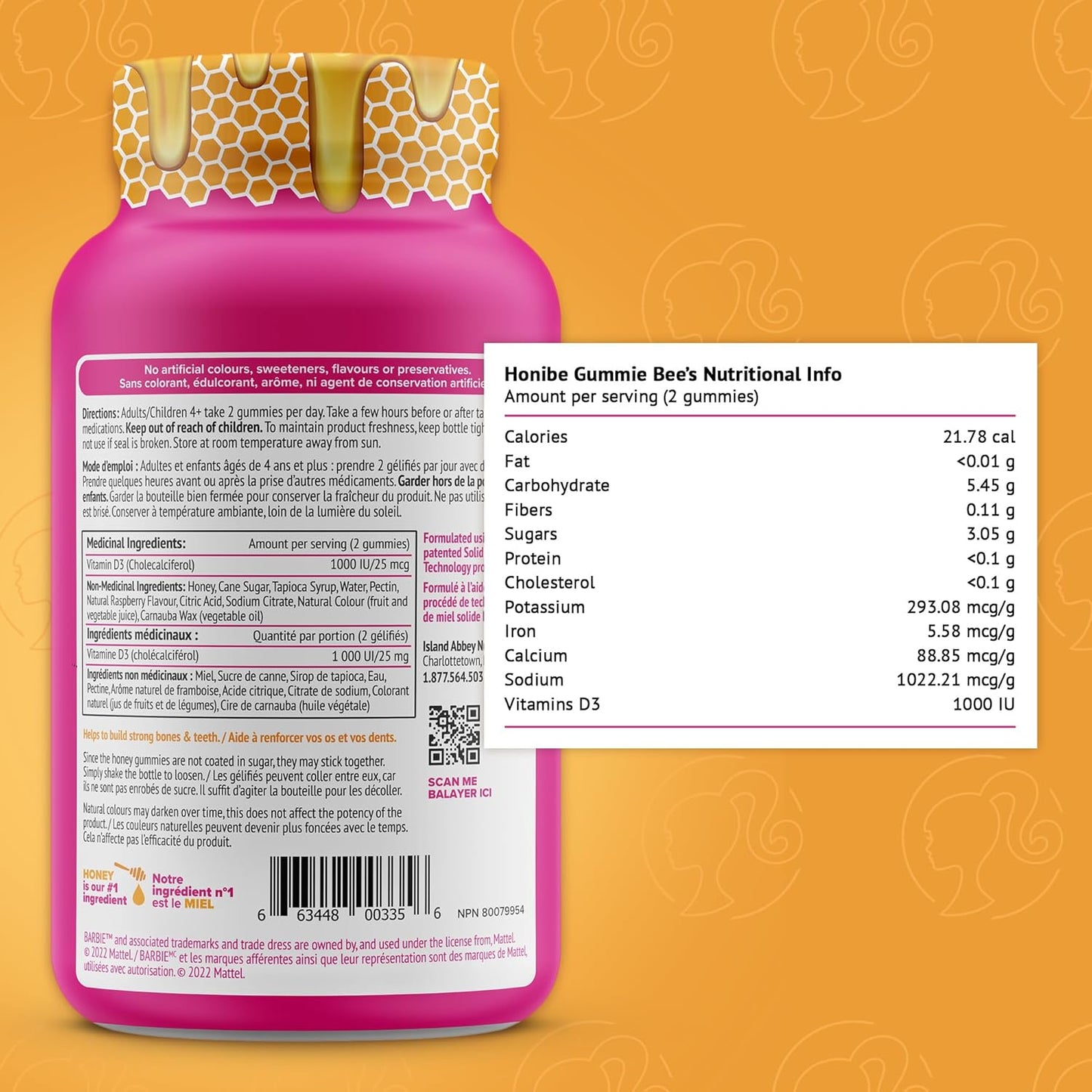 Honibe 维生素 D 软糖，适合儿童和成人，芭比，加拿大制造的蜂蜜维生素，维生素 D3 有助于支持骨骼健康、情绪和免疫系统功能，60 粒软糖