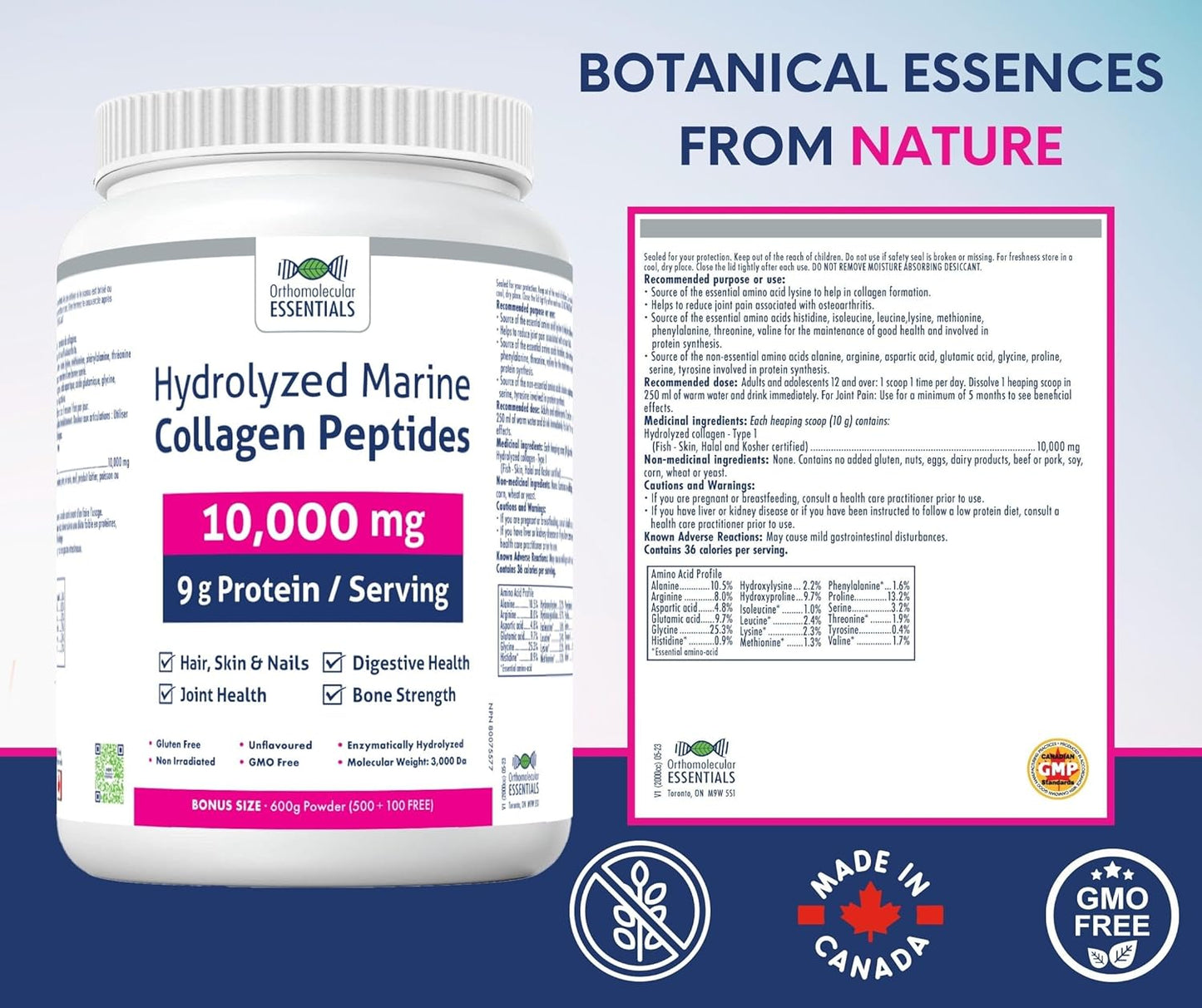 Orthomolecular Essentials 水解海洋膠原蛋白勝肽 - 純加拿大製造 10,000 毫克粉末，用於亮澤肌膚、強健骨骼和支持關節，600 克