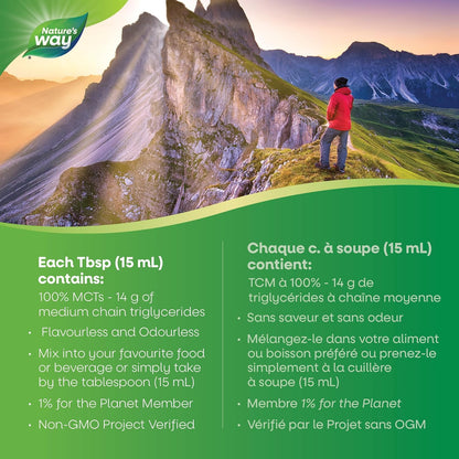 Nature's Way 100% 純正 MCT 椰子油 – 每份含 14 克 MCT – 原始人飲食和生酮飲食友好 – 有機認證 – 非基因改造項目認證 – 素食、無麩質、無味 – 無填充油 – 887 毫升，超值裝