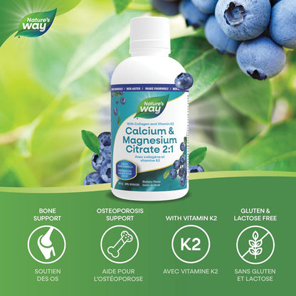 Nature's Way Calcium and Magnesium Citrate 2:1 - Liquid Supplement with Vitamin K2 and Collagen – Helps Support the Maintenance of Bones and Teeth – Blueberry Flavour, 500 mL