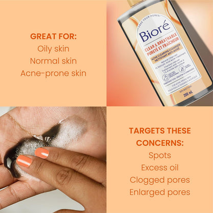 Bioré Clear & Breathable Charcoal Acne Clearing Cleanser, Salicylic Acid Facial Wash for Oily, Acne Prone Skin (200 mL) | Made in Canada