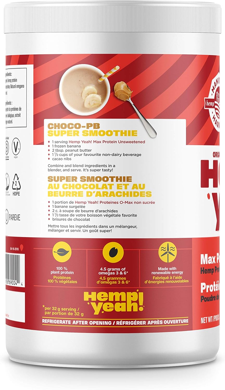 Manitoba Harvest Hemp Yeah! 有机蛋白粉，无糖，454克；每份含20克蛋白质和4.5克Omega 3&6，不含防腐剂，非转基因