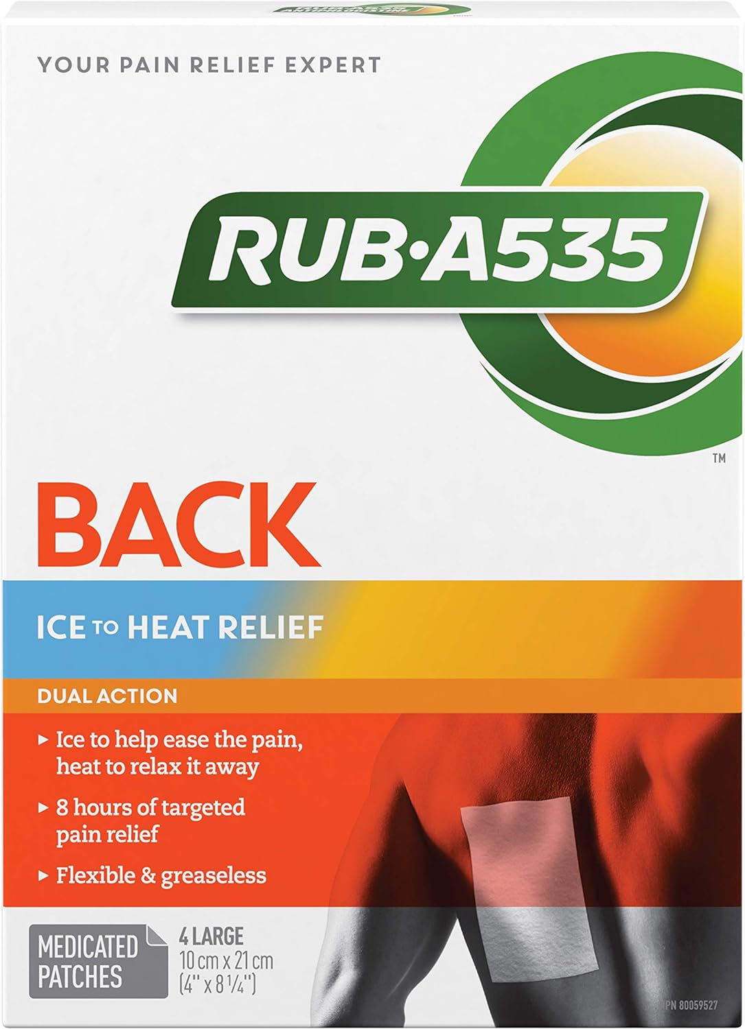 Rub-A535 Back Ice to Heat Pain Relief Medicated Patches - Dual Action Pain relief, Flexible and Greaseless, 8 Hours of Targeted Pain Relief - 4 Patches