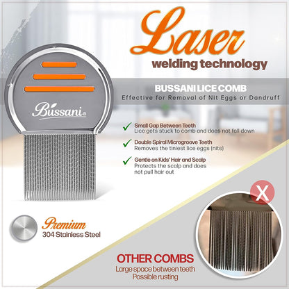 Bussani 虱子梳 – 304 不锈钢梳齿 – 适用于儿童、成人和宠物 – 防锈、可重复使用、易于清洁的猫狗跳蚤梳 - Peigne a Poux