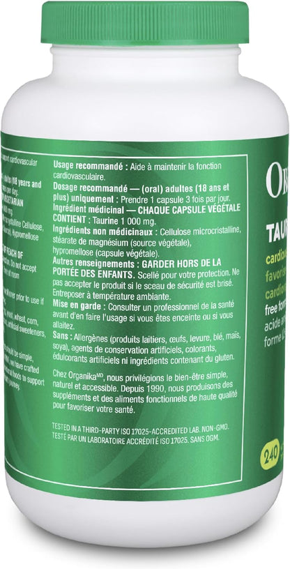 Organika 加拿大製造超強效牛磺酸 - 1000 毫克 - 支持心血管健康，每日劑量 3000 毫克 - 240 粒膠囊