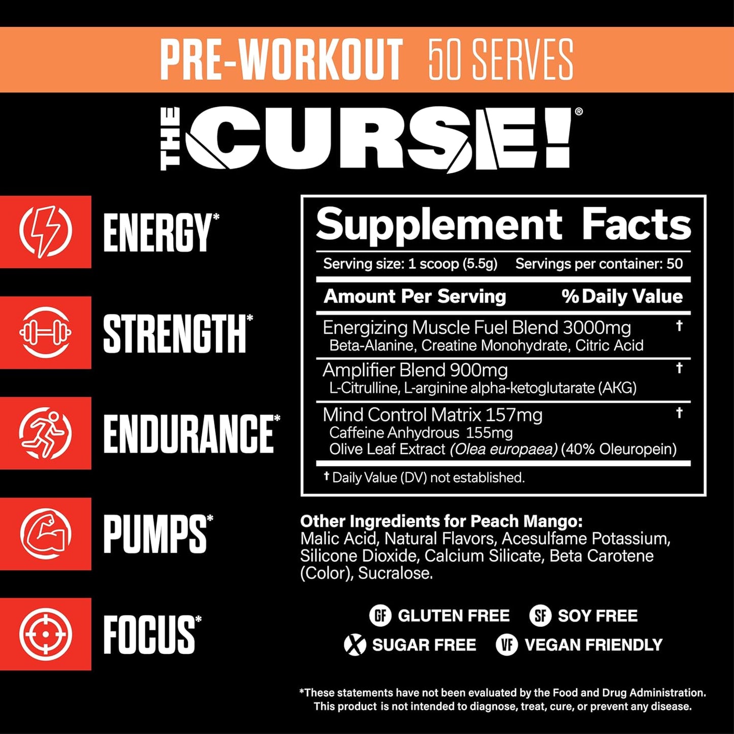 JNX SPORTS The Curse! Pre Workout Powder for Men & Women, Caffeine, Beta-Alanine, Creatine, L-Citrulline, 50 Servings, Peach Mango Flavor – Boost Energy, Strength & Focus