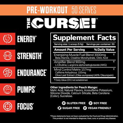 JNX SPORTS The Curse! Pre Workout Powder for Men & Women, Caffeine, Beta-Alanine, Creatine, L-Citrulline, 50 Servings, Peach Mango Flavor – Boost Energy, Strength & Focus