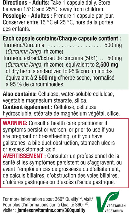 Jamieson Curcumin Turmeric 550 mg, Provides Natural Joint Pain Relief, Supports Inflammation, and Helps with Digestion. NON-GMO, Gluten-Free, 90 Vegetarian Capsules, Proudly Canadian