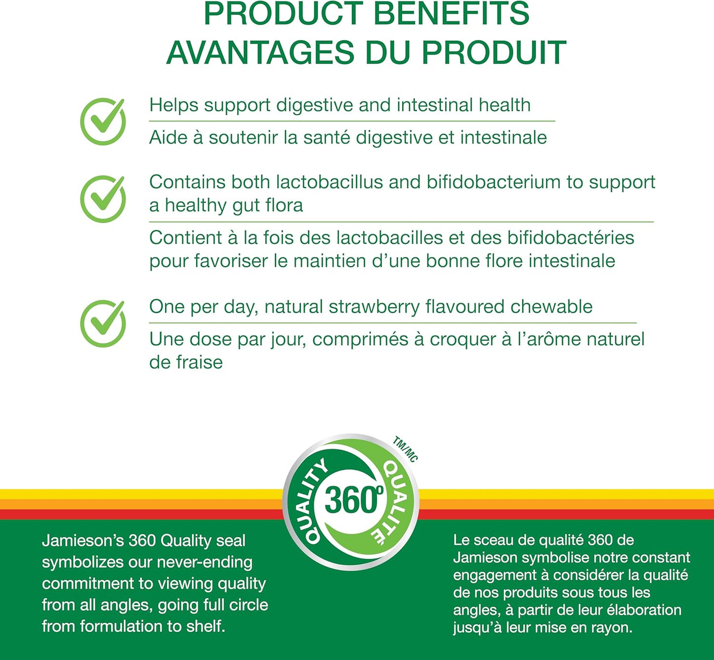 Jamieson 咀嚼益生菌，20 億個活性細胞，天然草莓口味，適合全家大小（3 歲以上），支持消化健康。 5 種獨特菌株，包括乳酸桿菌和雙歧桿菌，非基因改造，不含人工色素…