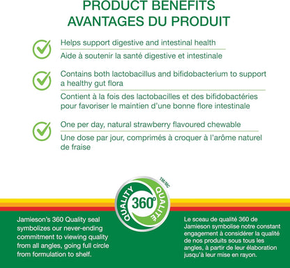 Jamieson 咀嚼益生菌，20 億個活性細胞，天然草莓口味，適合全家大小（3 歲以上），支持消化健康。 5 種獨特菌株，包括乳酸桿菌和雙歧桿菌，非基因改造，不含人工色素…