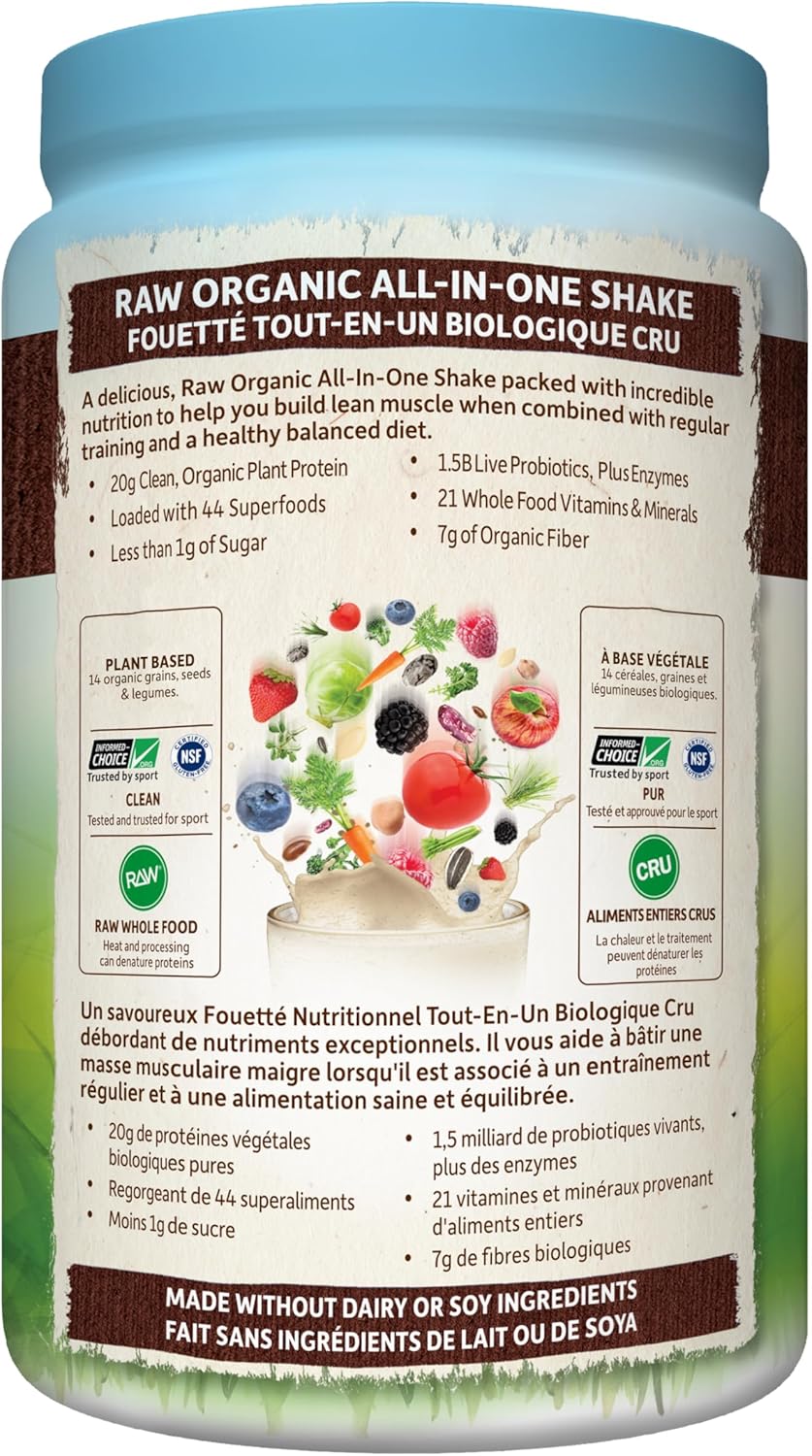Garden of Life 生食全效营养奶昔，巧克力可可口味（28 份，1017 克），富含 20 克有机认证植物蛋白，营养丰富，有助于增强肌肉。配合规律训练和健康均衡的饮食，有助于增肌。