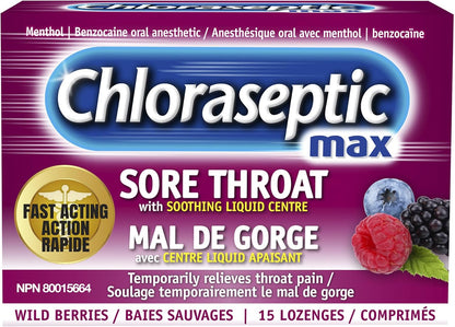 Chloraseptic 强效咽喉痛润喉糖，含舒缓液体中心 - 野生浆果，15 粒润喉糖