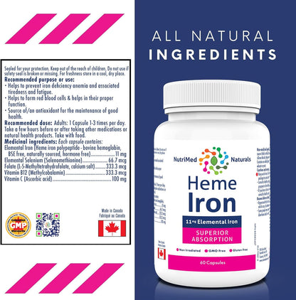Nutrimed Naturals - 血紅素鐵補充劑 60 粒膠囊，60 天用量 - 11 毫克元素鐵 + 硒、生物活性葉酸、維生素 B12、維生素 C - 經第三方測試 - 加拿大配製和製造