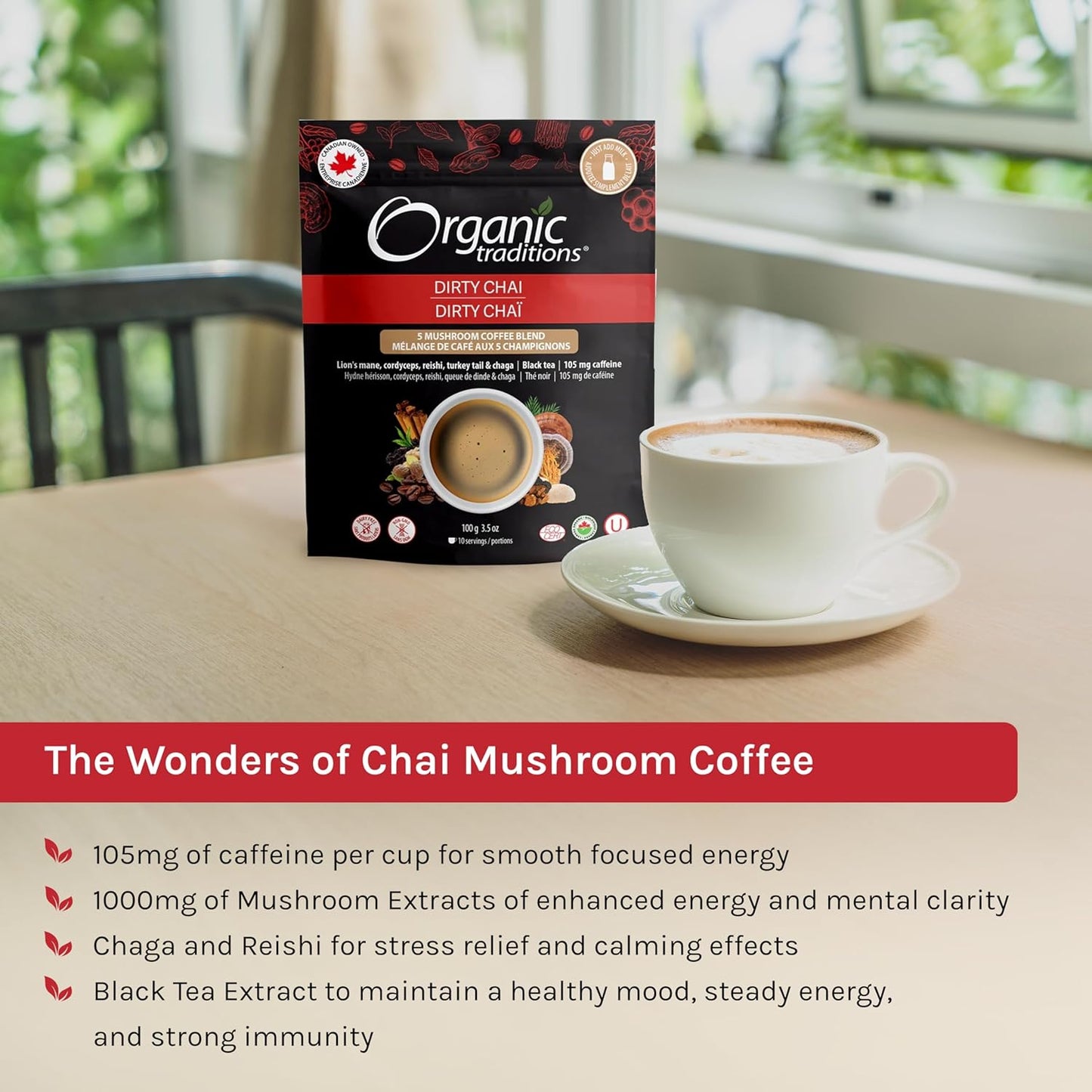 Organic Traditions Dirty Chai 蘑菇咖啡，加拿大制造，速溶 5 种混合蘑菇咖啡有机适应原拿铁，采用白桦茸、冬虫夏草、灵芝、狮鬃菇和火鸡尾制成，100 克/3.5 盎司袋装。