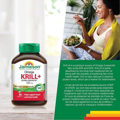 Jamieson Omega Krill Plus 500毫克軟膠囊，無魚腥味，富含EPA、DHA、磷脂質和蝦紅素。支持心臟健康和大腦健康，非基因改造，無麩質，60粒，加拿大製造