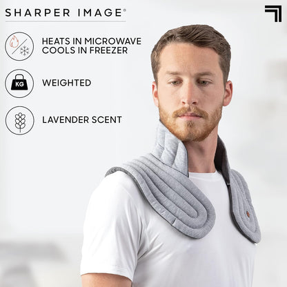 SHARPER IMAGE Heated Neck & Shoulder Aromatherapy Wrap, Lavender Scented Hot & Cold Therapy, Weighted Muscle Pain & Stress Relief, Luxurious Soft Plush, Adjustable Fit, Relaxation & Self-Care