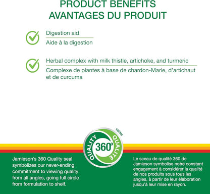 Jamieson 奶蓟草本复合物，蕴含朝鲜蓟和姜黄，有益肝脏和消化系统健康。非转基因，无麸质，30粒素食胶囊，加拿大制造