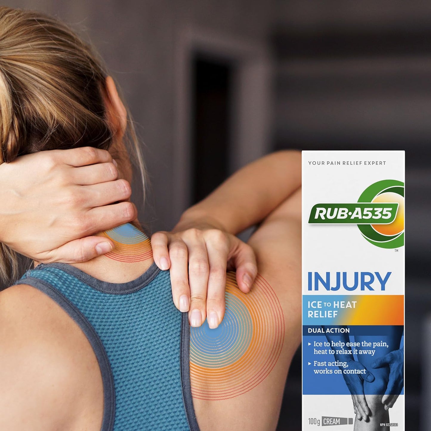 Rub-A535 Injury Ice to Heat Pain Relief Cream - Made in Canada, Fast Acting Injury Pain Relief, Stainless and Greaseless, Works on Contact - 100g