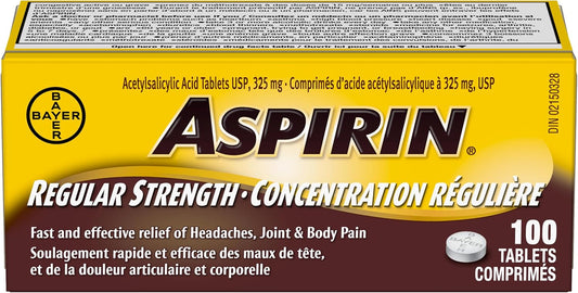 普通强度阿司匹林，325 毫克 ASA，快速有效缓解头痛、关节和身体疼痛、发烧，100 片