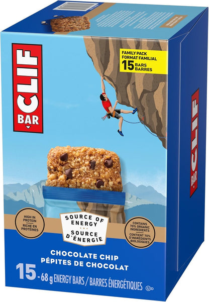 CLIF BAR 能量棒，巧克力碎，燕麦棒，高蛋白，含 70% 有机成分，1.02 千克（15 包）