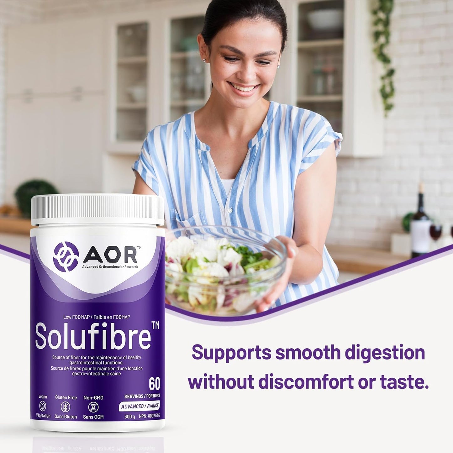 AOR - SoluFibre 粉，300 克，60 份 - 部分水解瓜尔胶 Sunfiber，促进消化舒适和规律 - 纯素、非转基因和无麸质 - 温和的益生元纤维补充剂 - 可溶性纤维