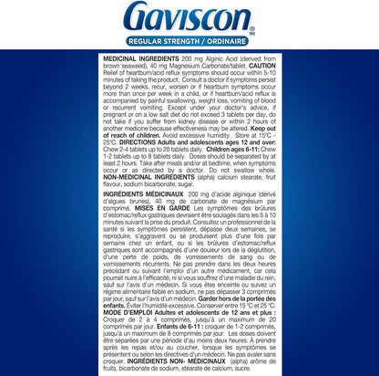 Gaviscon Regular Strength Tablets - 100 Count - Chewable Foaming Antacid Tablets for Day and Night Heartburn Relief, Acid Reflux and GERD Relief, Fruit Blend - Free of Aluminum, Lactose and Gluten