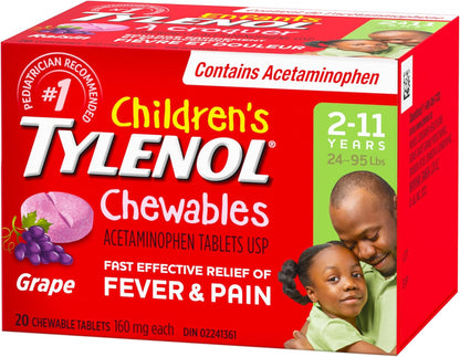 泰诺儿童咀嚼片退烧止痛，葡萄味，160 毫克对乙酰氨基酚，20 片，缓解牙痛