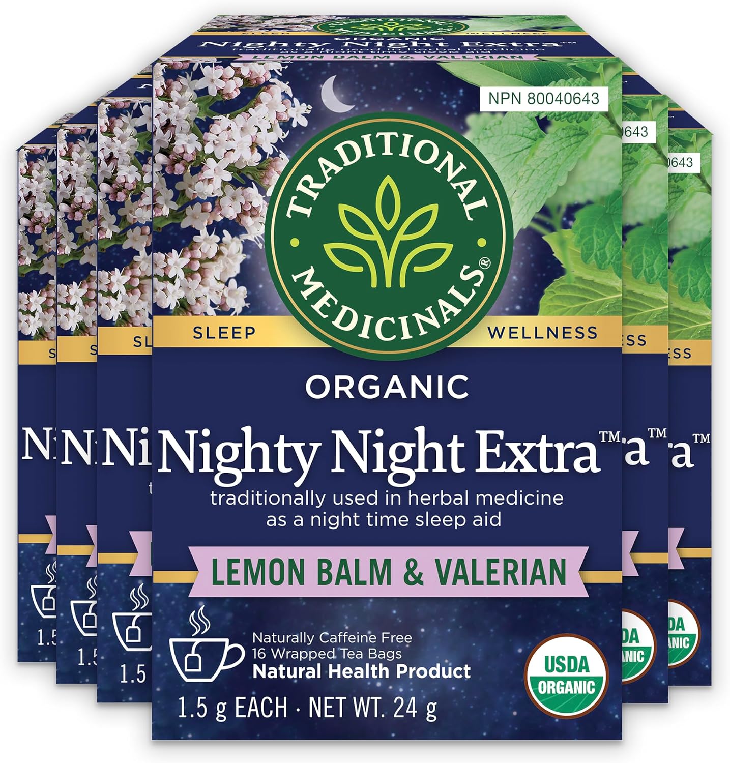 Traditional Medicinals - 有机 Nighty Night Extra 草本茶（6 包）- 天然助眠成分，含缬草、西番莲和柠檬香蜂草 - 共 96 个茶包